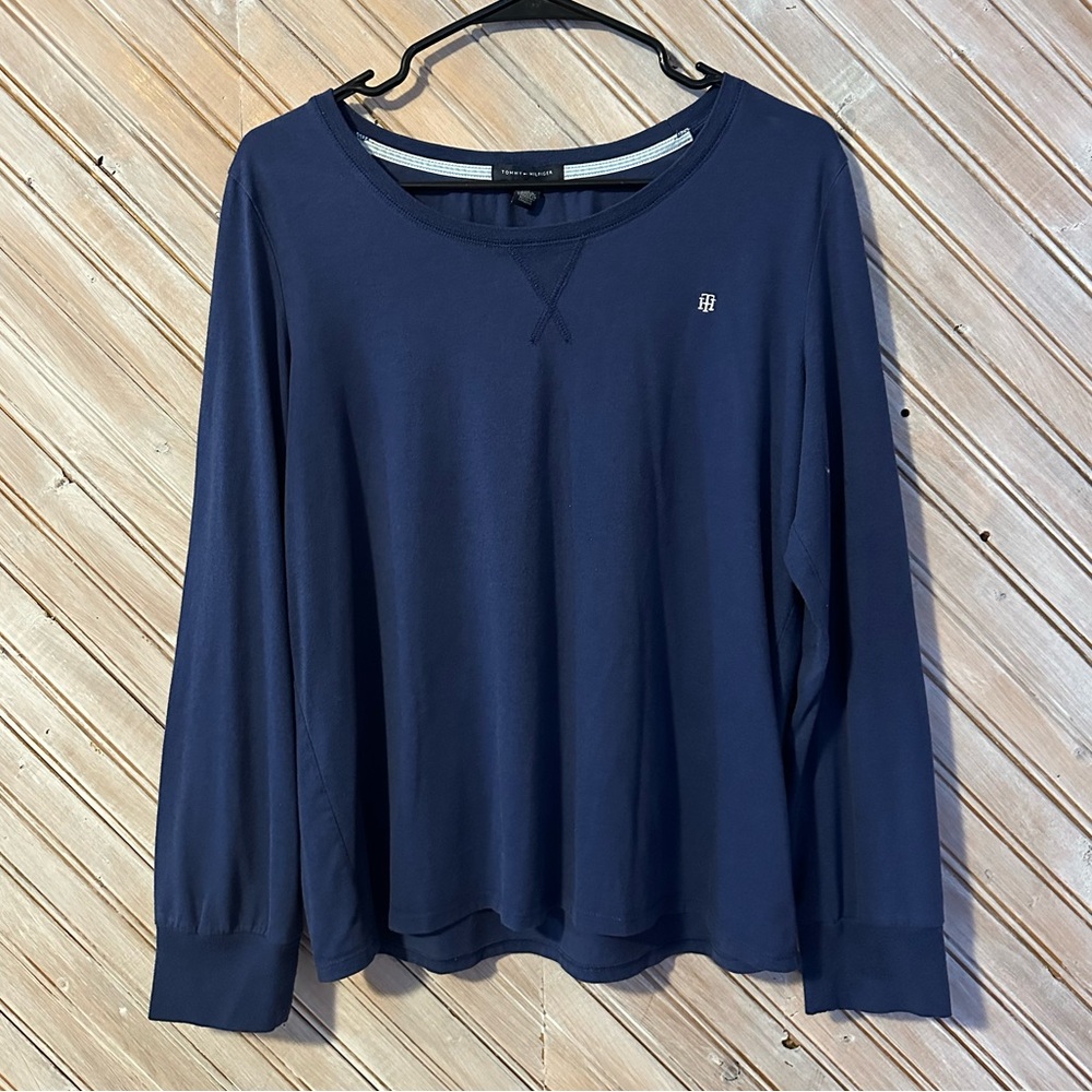 Tommy Hilfiger Navy Blue Long Sleeve Casual Top V Neck Stitch